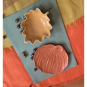 Pier 1 Fall Pumpkin Plate & Leaf Bowl, Stoneware, Petit Fours, Appetizers, set/2